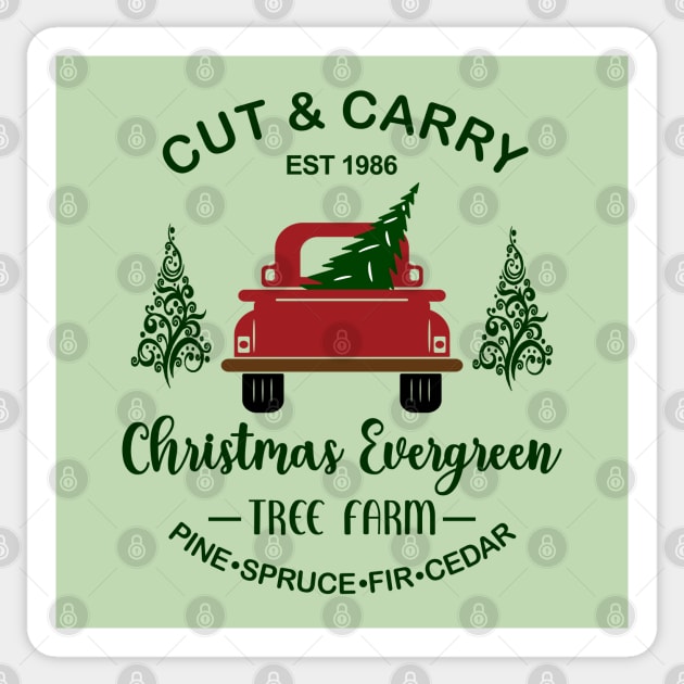 Cut & Carry Christmas Evergreen Tree Farm, EST 1986. Pine, Spruce, Fir, Cedar Sticker by Blended Designs